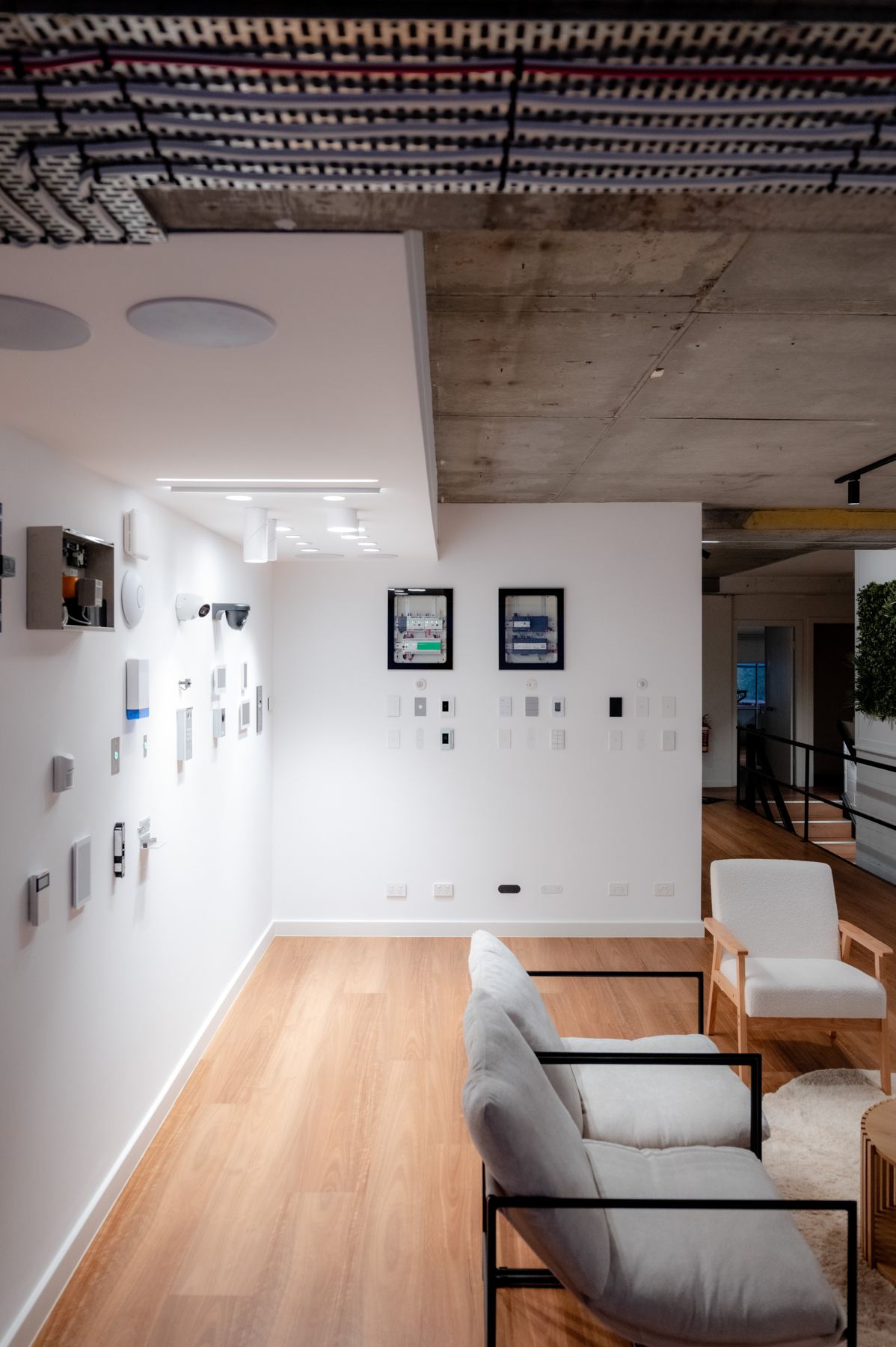 Keypads, switch plates and control panels on the showroom wall