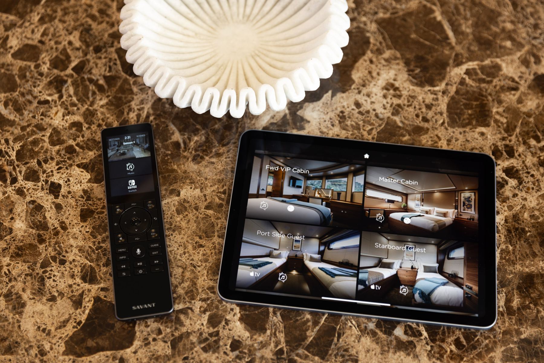 Savant app on an iPad showing Fwd VIP Cabin, Master Cabin, Port Side Guest and Starboard Guest